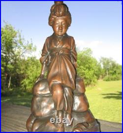 Antique JENNINGS BROS. Cast Metal Geisha Girl Lady Lamp & Slag Glass Tulip Shade
