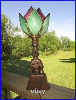 Antique JENNINGS BROS. Cast Metal Geisha Girl Lady Lamp & Slag Glass Tulip Shade
