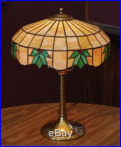 Antique Lamb Bros Leaded Slag Glass Lamp Brass Base Caramel Green Leaf C. 1915