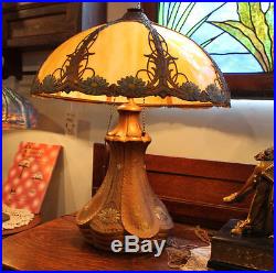 Antique Lamp Floral Pottery Base Table with matching overlay Slag glass shade