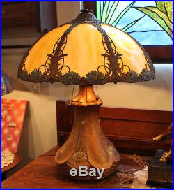 Antique Lamp Floral Pottery Base Table with matching overlay Slag glass shade