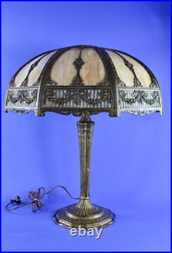 Antique Large 16 Panel Slag Glass Table Lamp Filligree Overlay 23 1/2 Tall Antique Large 16 Panel Slag Glass Table Lamp Filligree Overlay 23 1/2 Tall