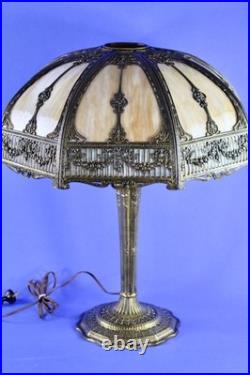 Antique Large 16 Panel Slag Glass Table Lamp Filligree Overlay 23 1/2 Tall
