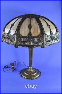 Antique Large 16 Panel Slag Glass Table Lamp Filligree Overlay 23 1/2 Tall