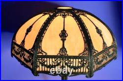 Antique Large 16 Panel Slag Glass Table Lamp Filligree Overlay 23 1/2 Tall