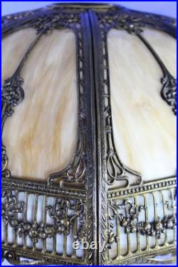 Antique Large 16 Panel Slag Glass Table Lamp Filligree Overlay 23 1/2 Tall