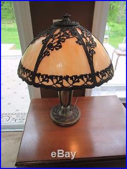 Antique Large Art Noveau Caramel Slag Glass Lamp Cast Floral Filigree Brass 24