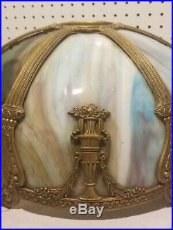 Antique Large Slag Glass Lamp Light Shade 6 Panel Brass Skeleton for Repair