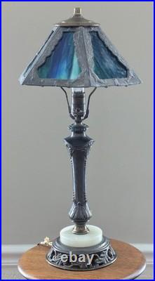 Antique Leaded Marbled Slag Glass 6 Panel Table Lamp, Art & Crafts Deco Nouveau