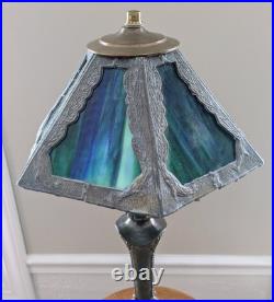 Antique Leaded Marbled Slag Glass 6 Panel Table Lamp, Art & Crafts Deco Nouveau