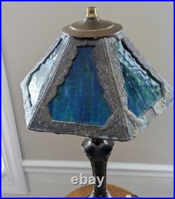 Antique Leaded Marbled Slag Glass 6 Panel Table Lamp, Art & Crafts Deco Nouveau