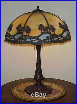 Antique Leaded Slag Glass Arts & Crafts Chicago Mosaic Panel Lamp Handel Era