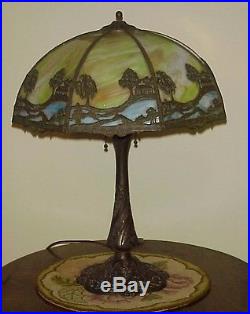 Antique Leaded Slag Glass Arts & Crafts Chicago Mosaic Panel Lamp Handel Era