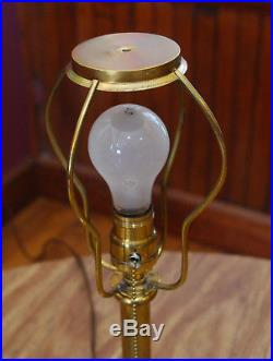 Antique Leaded Slag Glass Lamp Brass Base Caramel Green Leaf C. 1915