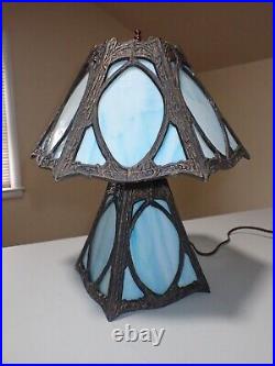 Antique Light Blue Slag Glass Table Lamp with Oval Cameos