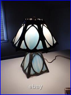 Antique Light Blue Slag Glass Table Lamp with Oval Cameos