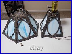 Antique Light Blue Slag Glass Table Lamp with Oval Cameos