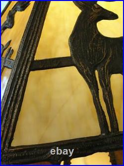 Antique Lighted Base Electric Tan Slag Glass Panel Table Lamp Deer Elk Heavy