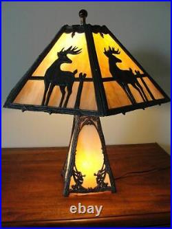 Antique Lighted Base Electric Tan Slag Glass Panel Table Lamp Deer Elk Heavy
