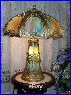Antique Lighted Base Slag Glass 8 Panel Electric Table Lamp