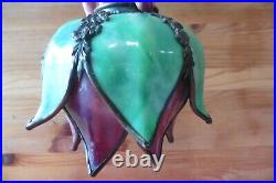 Antique Lotus Bent Slag Stained Glass Curved Mauve Green Lamp Shade Globe bronze