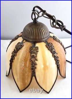 Antique MID Century Modern Slag Stain Glass Lotus Pendant Hanging Swag Lamp MCM
