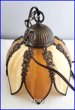 Antique MID Century Modern Slag Stain Glass Lotus Pendant Hanging Swag Lamp MCM