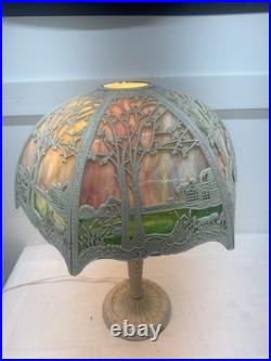 Antique Metal Slag Glass Ornate 6 Panel Table Lamp 23 Tall