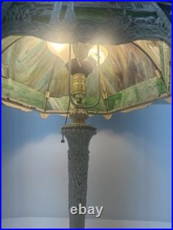 Antique Metal Slag Glass Ornate 6 Panel Table Lamp 23 Tall