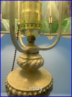 Antique Metal Slag Glass Ornate 6 Panel Table Lamp 23 Tall