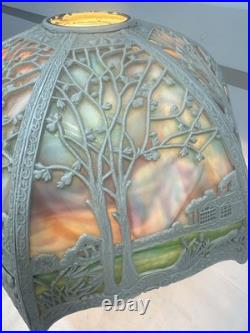 Antique Metal Slag Glass Ornate 6 Panel Table Lamp 23 Tall