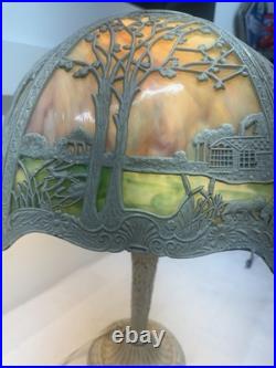Antique Metal Slag Glass Ornate 6 Panel Table Lamp 23 Tall