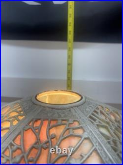 Antique Metal Slag Glass Ornate 6 Panel Table Lamp 23 Tall