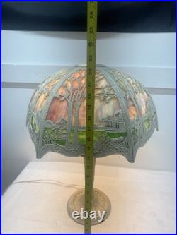 Antique Metal Slag Glass Ornate 6 Panel Table Lamp 23 Tall