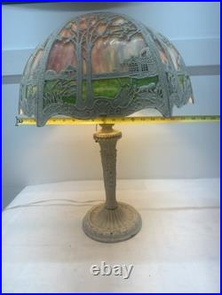 Antique Metal Slag Glass Ornate 6 Panel Table Lamp 23 Tall