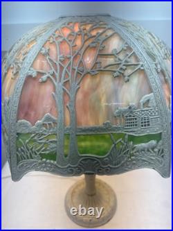Antique Metal Slag Glass Ornate 6 Panel Table Lamp 23 Tall