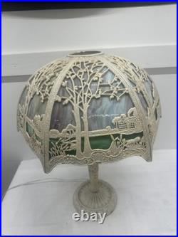 Antique Metal Slag Glass Ornate 6 Panel Table Lamp 23 Tall