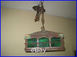 Antique Metal and Copper Hanging Pendant, Slag Glass light