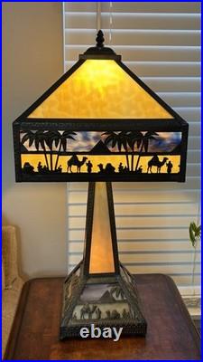 Antique Meyda Arts & Craft Camel Mission Pyramid Egypt Slag Glass 3 Switch Lamp