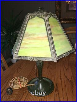 Antique Miller #1131 Table Lamp 6 Paneled Slag Glass Metal Overlay Vintage