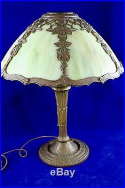 Antique Miller 6 Panel Amber Carmel Slag Glass Library Table Lamp Signed