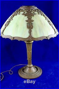 Antique Miller 6 Panel Amber Carmel Slag Glass Library Table Lamp Signed
