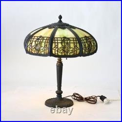 Antique Miller 8-Panel Slag Glass Table Lamp With Foliate Overlay c1920