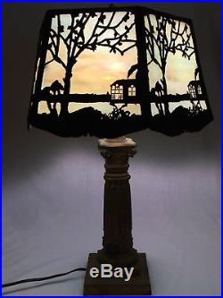 Antique Miller Art Nouveau Slag Lamp Sky House Tree Scene 6 Panel Metal Overlay