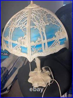 Antique Miller Art Nouveau Slag Table Lamp 12 Glass Panel Works