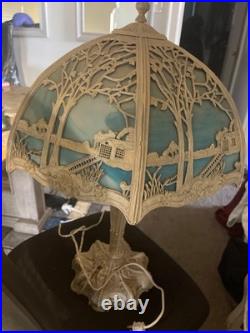 Antique Miller Art Nouveau Slag Table Lamp 12 Glass Panel Works