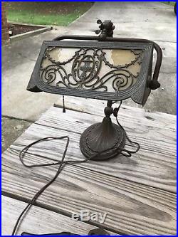 Antique Miller Bronze Piano Banker Student Desk Lamp Art Deco Slag Glass Shade