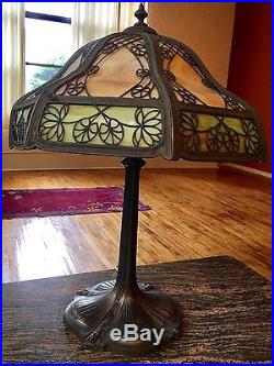 Antique Miller Co Bronzed Metal Art Nouveau Lily Pad Panel Slag Glass Table Lamp