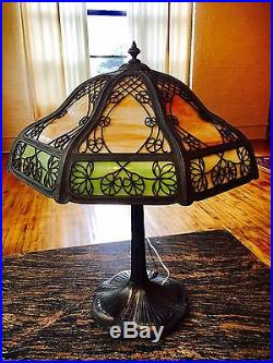 Antique Miller Co Bronzed Metal Art Nouveau Lily Pad Panel Slag Glass Table Lamp