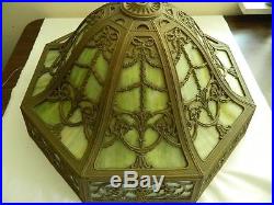 Antique Miller Co Bronzed Spelter & Cast Iron 8-Panel Slag Glass Table Lamp